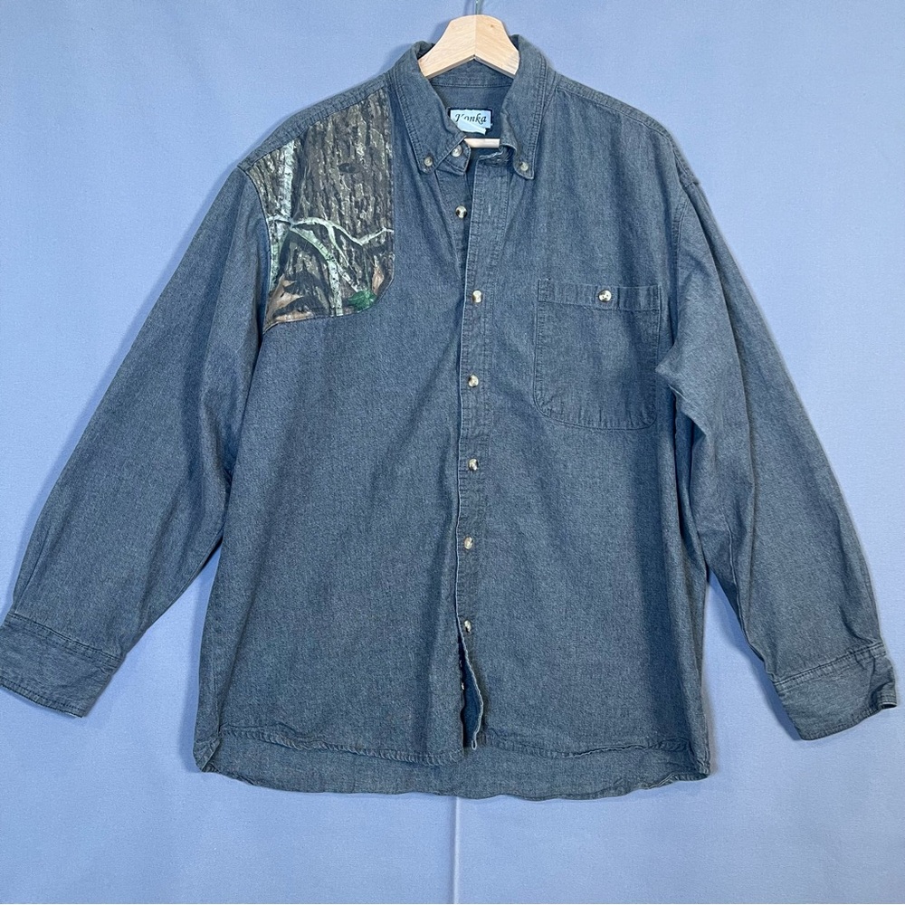Men’s SzL Gray Denim Button Up ShirtJacket w/Camouflage Accents Heavyweight vtg